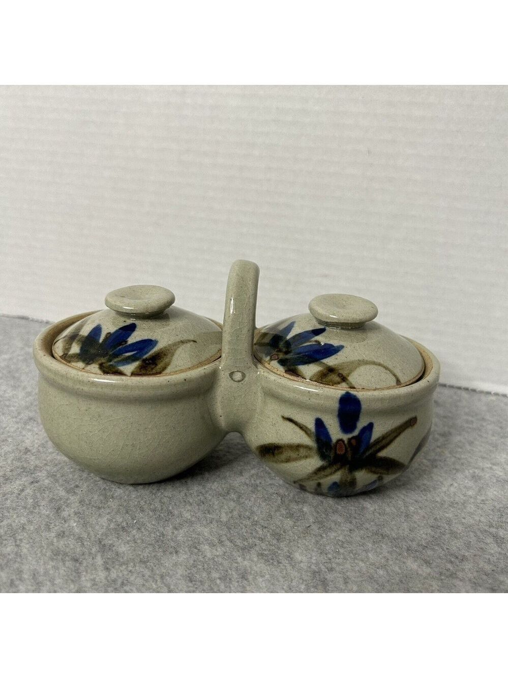 VTG Stoneware Duo Condiment Dish Blue Flowers 7x4"